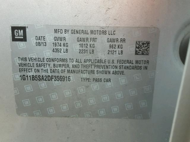 1G11B5SA2DF356916 - 2013 CHEVROLET MALIBU LS 银色 照片 10