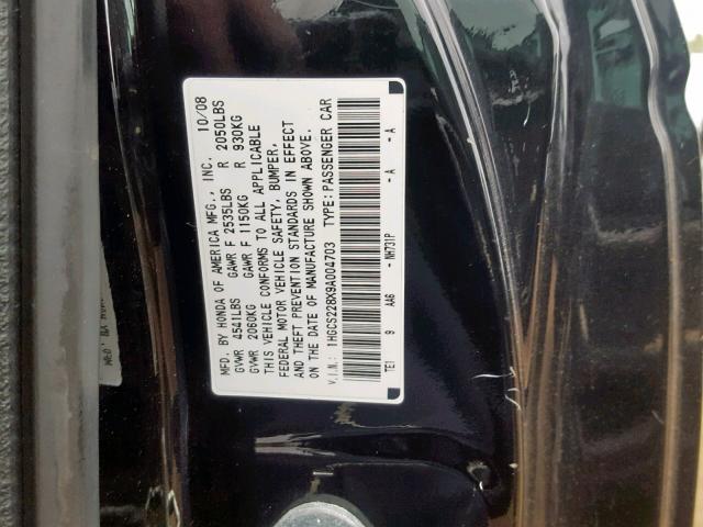 1HGCS228X9A004703 - 2009 HONDA ACCORD EXL BLACK photo 10