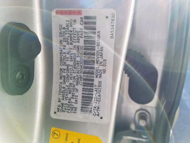 JTHBF30G430093100 - 2003 LEXUS ES 300 SILVER photo 10