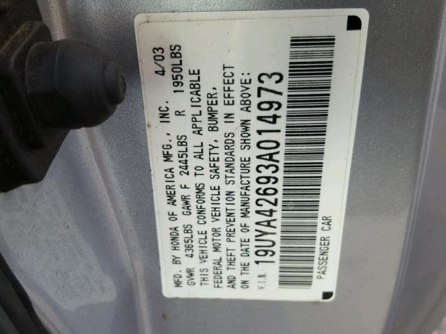 19UYA42693A014973 - 2003 ACURA 3.2CL TYPE SILVER photo 10