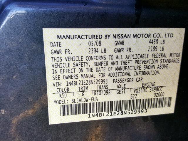 1N4BL21E28N529993 - 2008 NISSAN ALTIMA 3.5 GRAY photo 10