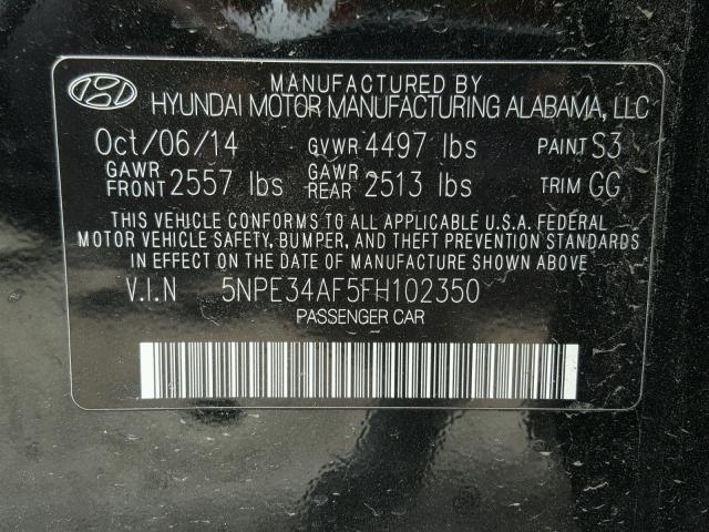 5NPE34AF5FH102350 - 2015 HYUNDAI SONATA SPO BLACK photo 10