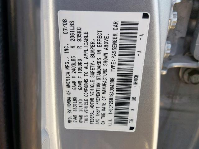 1HGCP26819A004388 - 2009 HONDA ACCORD EXL SILVER photo 10