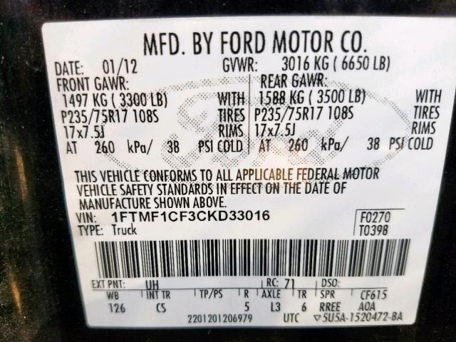 1FTMF1CF3CKD33016 - 2012 FORD F150 BLACK photo 10