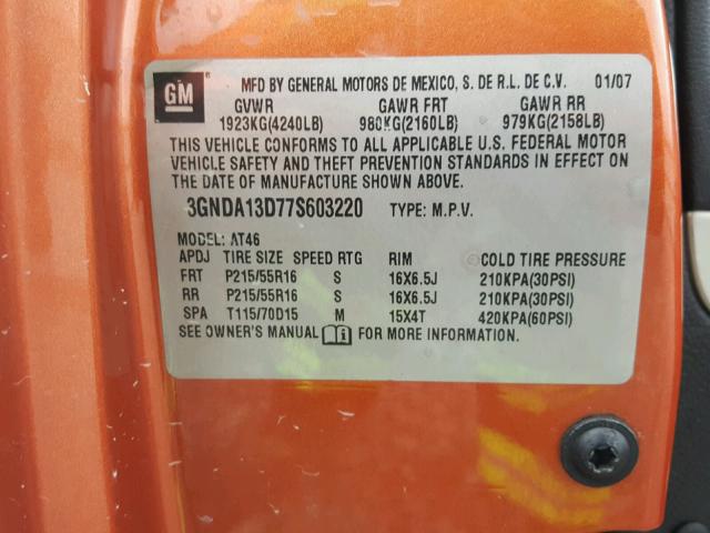 3GNDA13D77S603220 - 2007 CHEVROLET HHR LS Narıncı foto 10