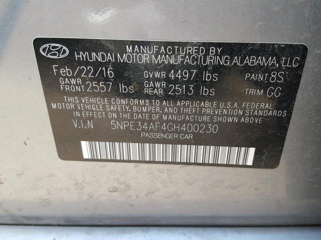 5NPE34AF4GH400230 - 2016 HYUNDAI SONATA SPO GRAY photo 10