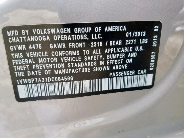 1VWBP7A37DC084566 - 2013 VOLKSWAGEN PASSAT SE SILVER photo 10