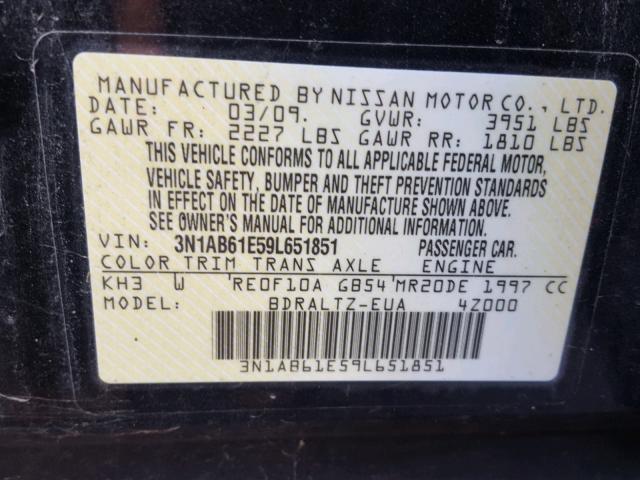 3N1AB61E59L651851 - 2009 NISSAN SENTRA 2.0 BLACK photo 10