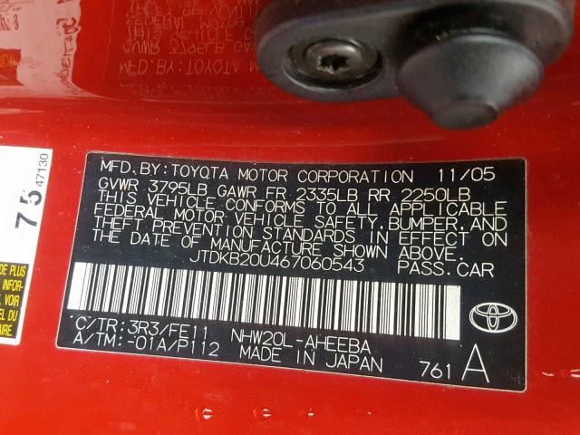 JTDKB20U467060543 - 2006 TOYOTA PRIUS RED photo 10