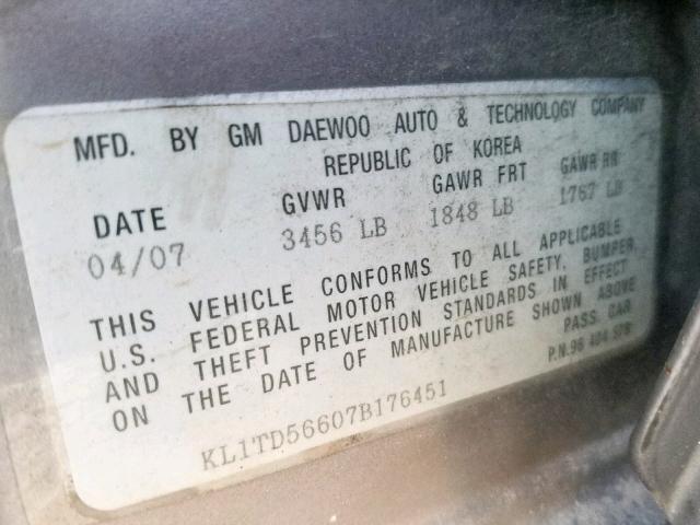 KL1TD56607B176451 - 2007 CHEVROLET AVEO BASE Boz foto 10