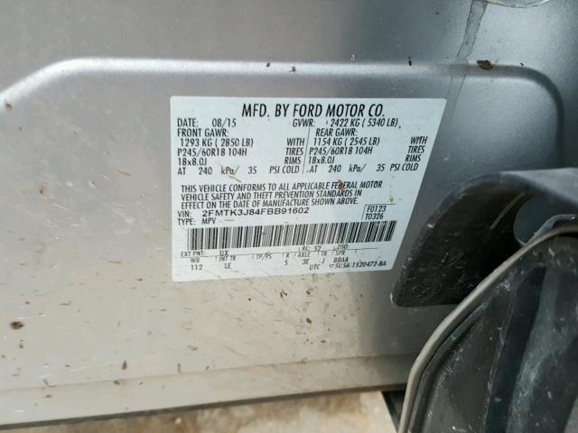 2FMTK3J84FBB91602 - 2015 FORD EDGE SEL SILVER photo 10