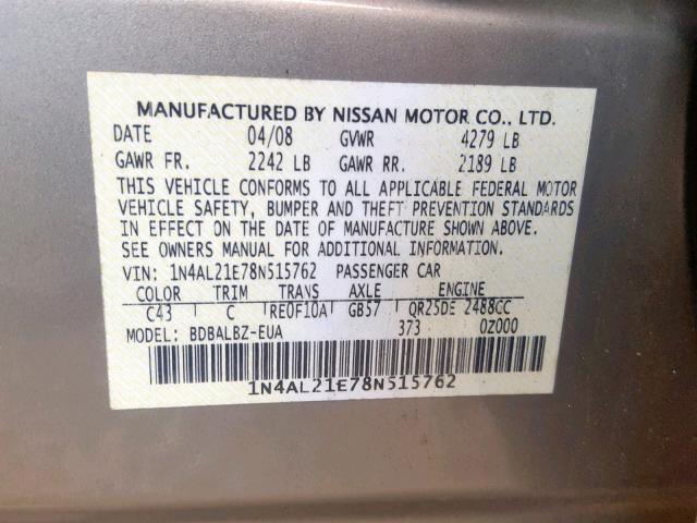 1N4AL21E78N515762 - 2008 NISSAN ALTIMA 2.5 GOLD photo 10