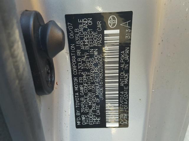 JTKDE167X80235605 - 2008 TOYOTA SCION TC 银色 照片 10