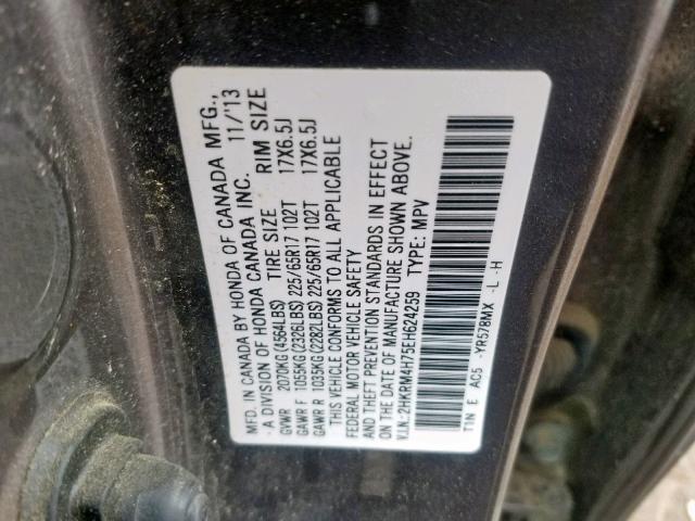 2HKRM4H75EH624259 - 2014 HONDA CR-V EXL GRAY photo 10