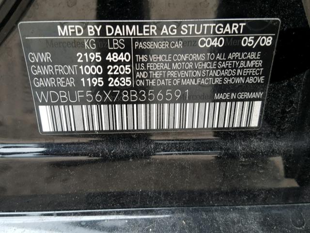 WDBUF56X78B356591 - 2008 MERCEDES-BENZ E 350 BLACK photo 10