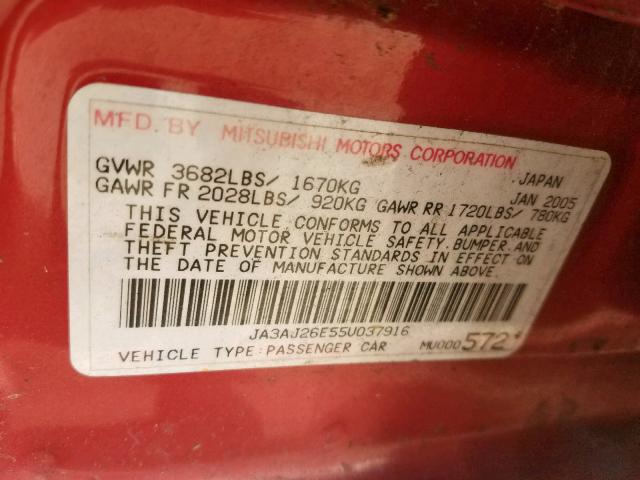 JA3AJ26E55U037916 - 2005 MITSUBISHI LANCER ES RED photo 10