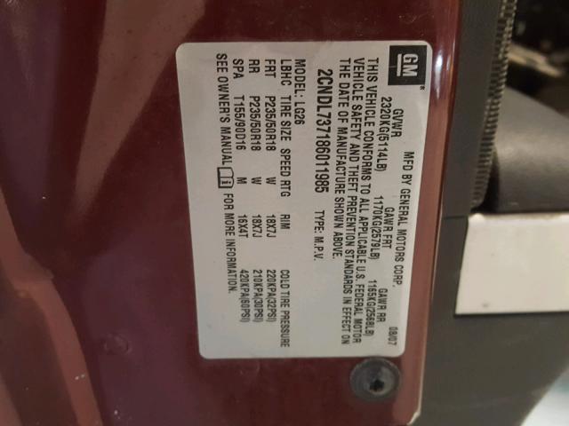 2CNDL737186011985 - 2008 CHEVROLET EQUINOX SP BURGUNDY photo 10