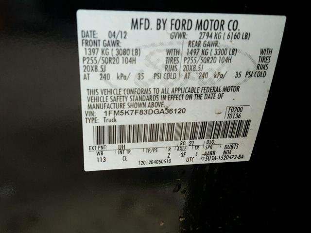 1FM5K7F83DGA36120 - 2013 FORD EXPLORER L BLACK photo 10