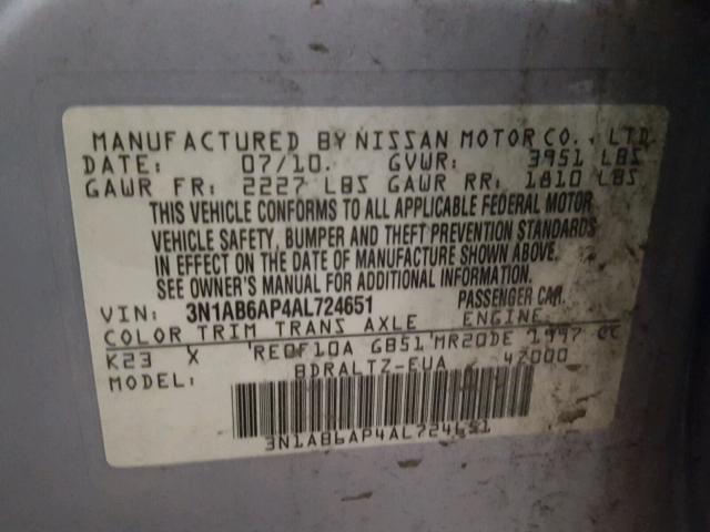 3N1AB6AP4AL724651 - 2010 NISSAN SENTRA 2.0 SILVER photo 10