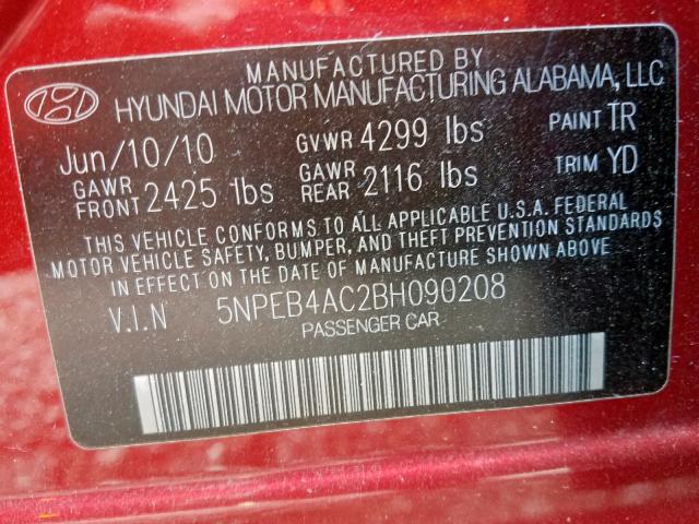 5NPEB4AC2BH090208 - 2011 HYUNDAI SONATA GLS RED photo 10