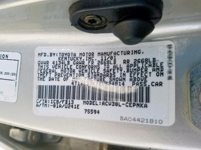 4T1BE32K72U524814 - 2002 TOYOTA CAMRY LE SILVER photo 10