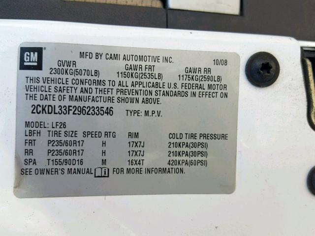 2CKDL33F296233546 - 2009 PONTIAC TORRENT WHITE photo 10