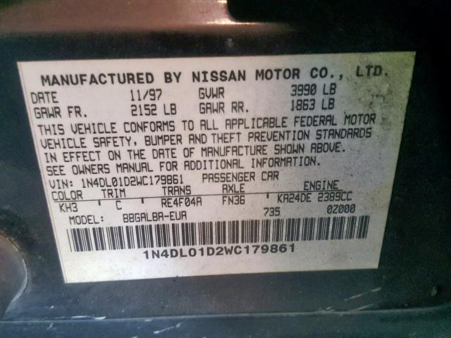 1N4DL01D2WC179861 - 1998 NISSAN ALTIMA XE BLACK photo 10