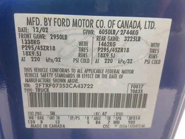 2FTRF07353CA43722 - 2003 FORD F150 SVT L BLUE photo 10