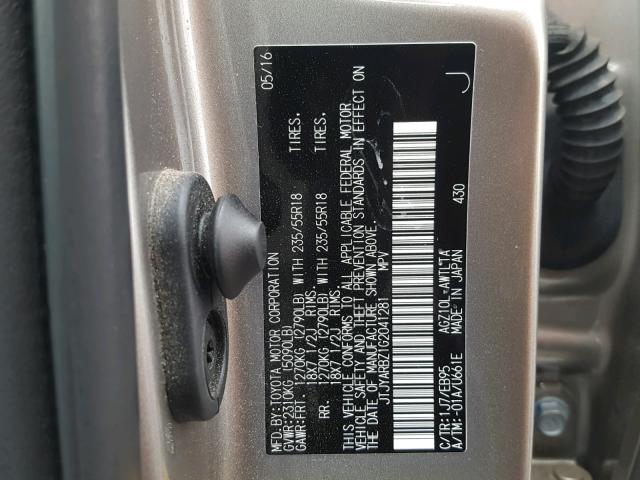 JTJYARBZ1G2041281 - 2016 LEXUS NX 200T GRAY photo 10