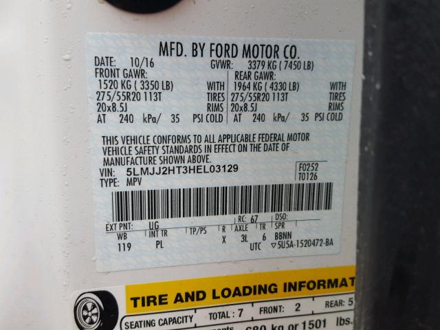 5LMJJ2HT3HEL03129 - 2017 LINCOLN NAVIGATOR Biały zdjęcie 10