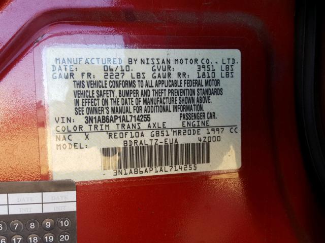 3N1AB6AP1AL714255 - 2010 NISSAN SENTRA 2.0 RED photo 10