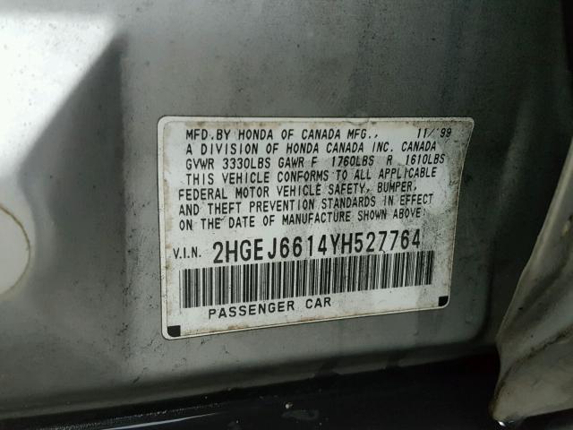 2HGEJ6614YH527764 - 2000 HONDA CIVIC BASE SILVER photo 10