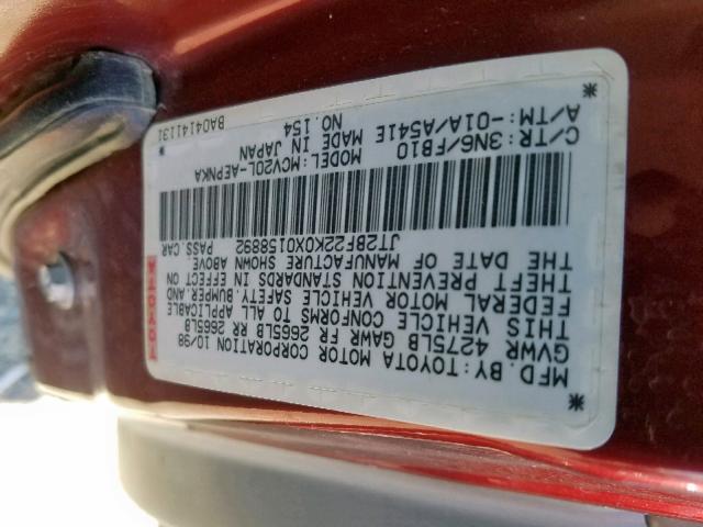 JT2BF22K0X0158892 - 1999 TOYOTA CAMRY LE BURGUNDY photo 10