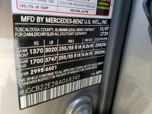 4JGCB22E28A068345 - 2008 MERCEDES-BENZ R 320 CDI SILVER photo 10