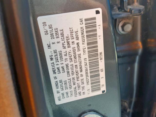 1HGCP268X9A134119 - 2009 HONDA ACCORD EXL GRAY photo 10