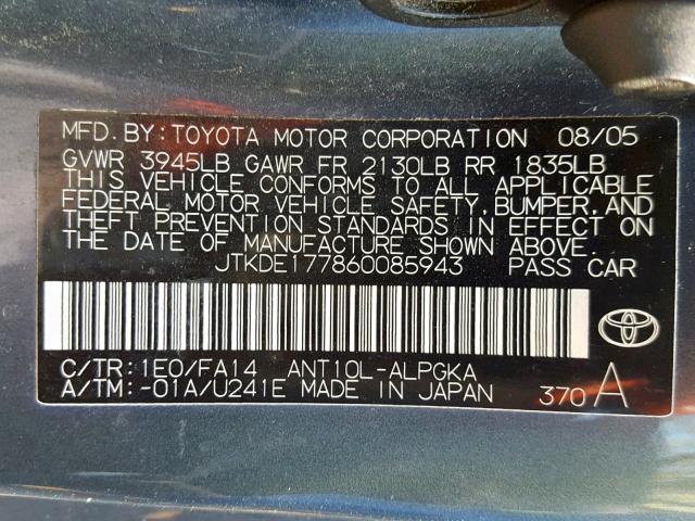 JTKDE177860085943 - 2006 TOYOTA SCION TC ნაცრისფერი ფოტო 10