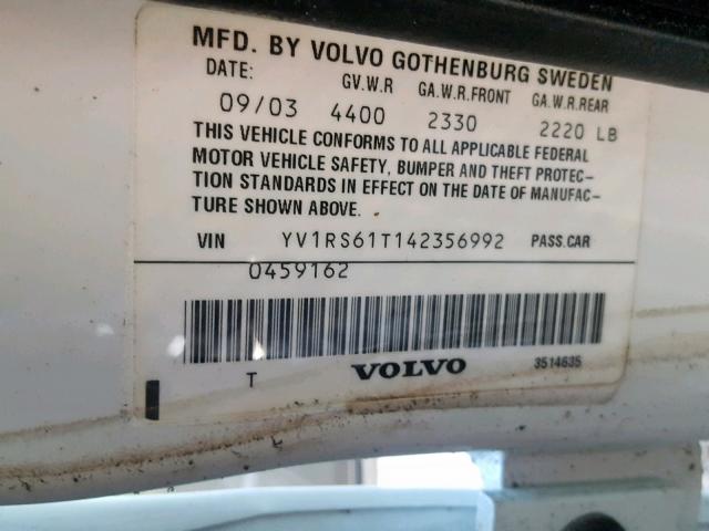 YV1RS61T142356992 - 2004 VOLVO S60 WHITE photo 10