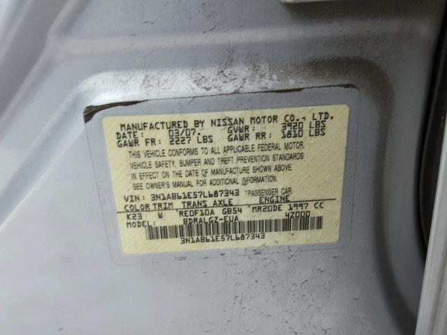 3N1AB61E57L687343 - 2007 NISSAN SENTRA 2.0 SILVER photo 10