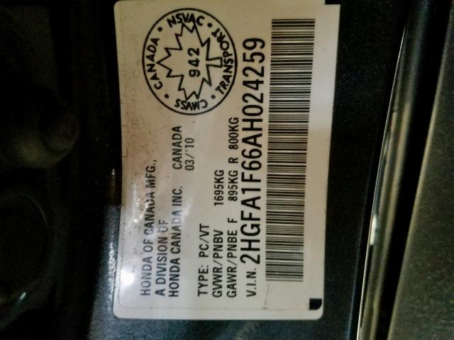 2HGFA1F66AH024259 - 2010 HONDA CIVIC LX-S Boz foto 10