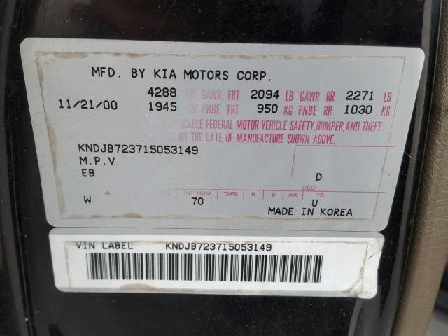 KNDJB723715053149 - 2001 KIA SPORTAGE BLACK photo 10