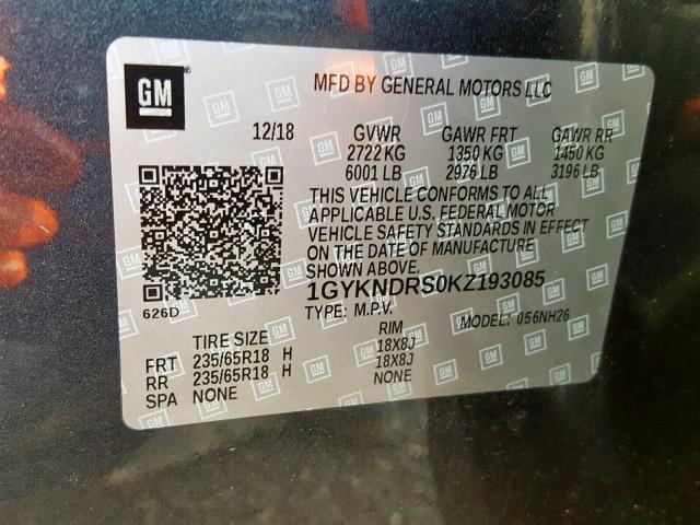 1GYKNDRS0KZ193085 - 2019 CADILLAC XT5 LUXURY CHARCOAL photo 10