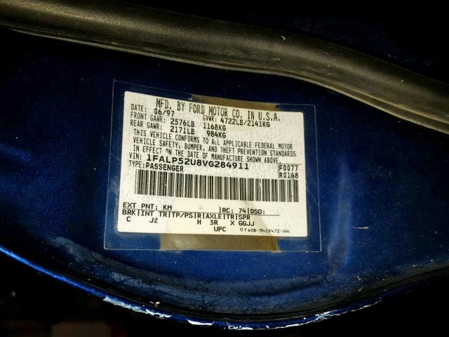 1FALP52UBVG284911 - 1997 FORD TAURUS GL BLUE photo 10