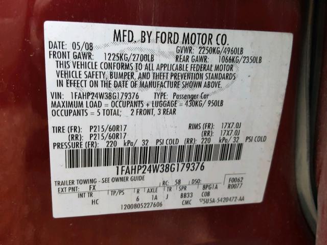 1FAHP24W38G179376 - 2008 FORD TAURUS SEL BURGUNDY photo 10