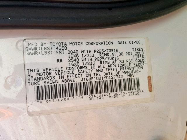 JT6HF10U1Y0127742 - 2000 LEXUS RX 300 CREAM photo 10