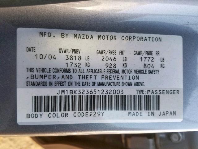 JM1BK323651232003 - 2005 MAZDA 3 S GRAY photo 10