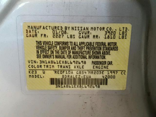 3N1AB61EX8L692698 - 2008 NISSAN SENTRA 2.0 SILVER photo 10