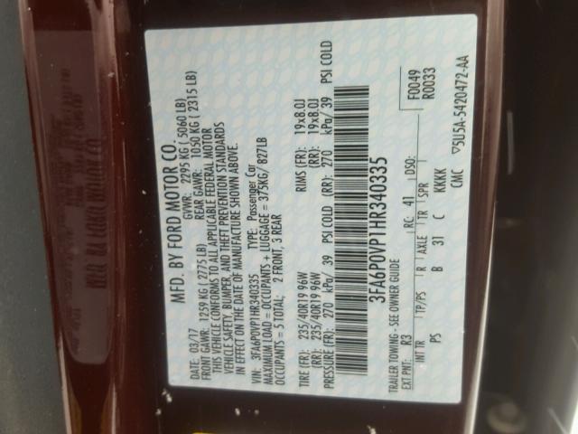 3FA6P0VP1HR340335 - 2017 FORD FUSION SPO BURGUNDY photo 10