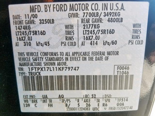 1FTPX17L11KF79747 - 2001 FORD F150 BLACK photo 10