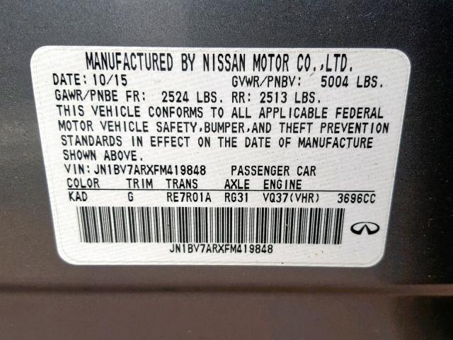 JN1BV7ARXFM419848 - 2015 INFINITI Q50 BASE GRAY photo 10