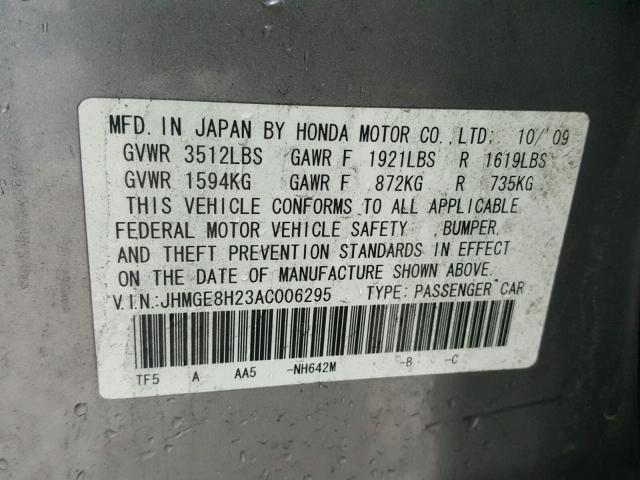 JHMGE8H23AC006295 - 2010 HONDA FIT SILVER photo 10